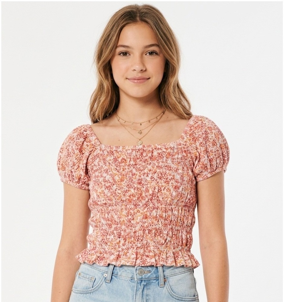Old Navy Girls Orange Pink Floral Smocked Puff Sleeve Top Size L 10-12 Paisley
